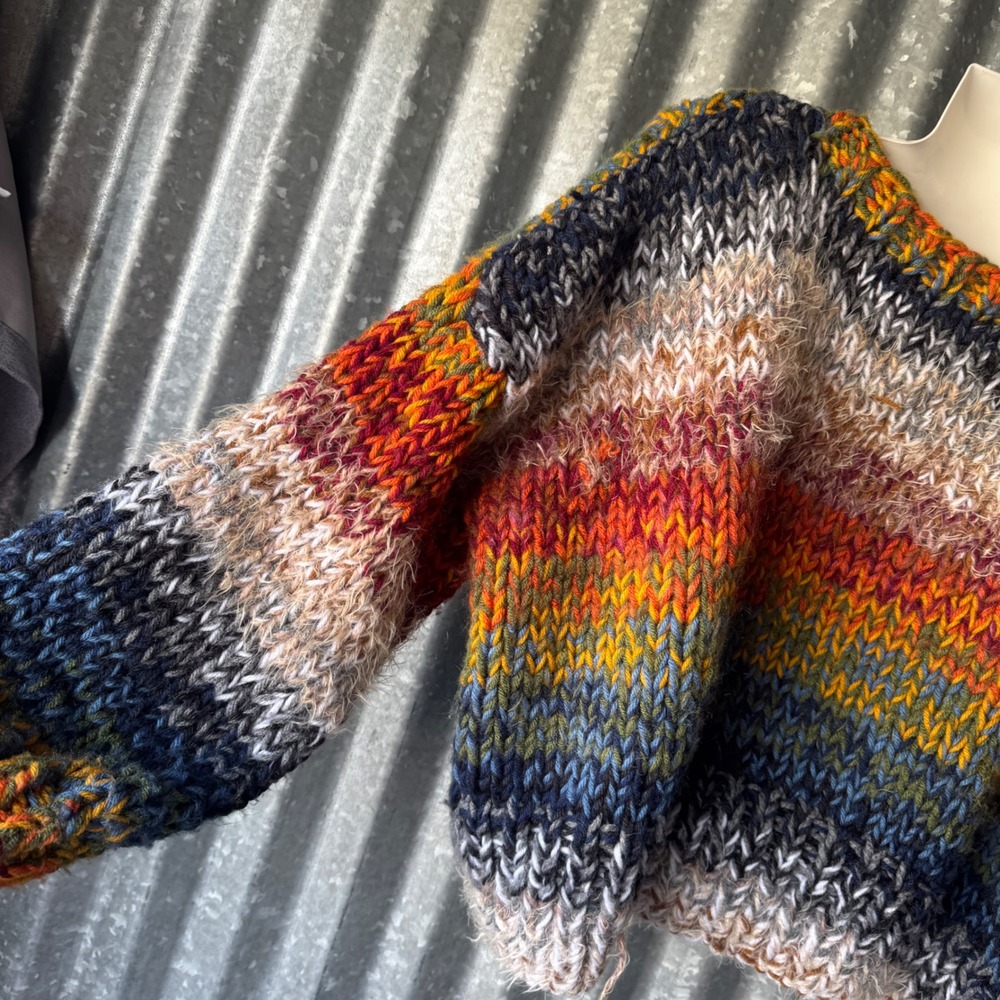 Hand Knit Chunky Stripe Sweater Oversized Crop Rainbow Large Pullover handmade - Picture 12 of 15